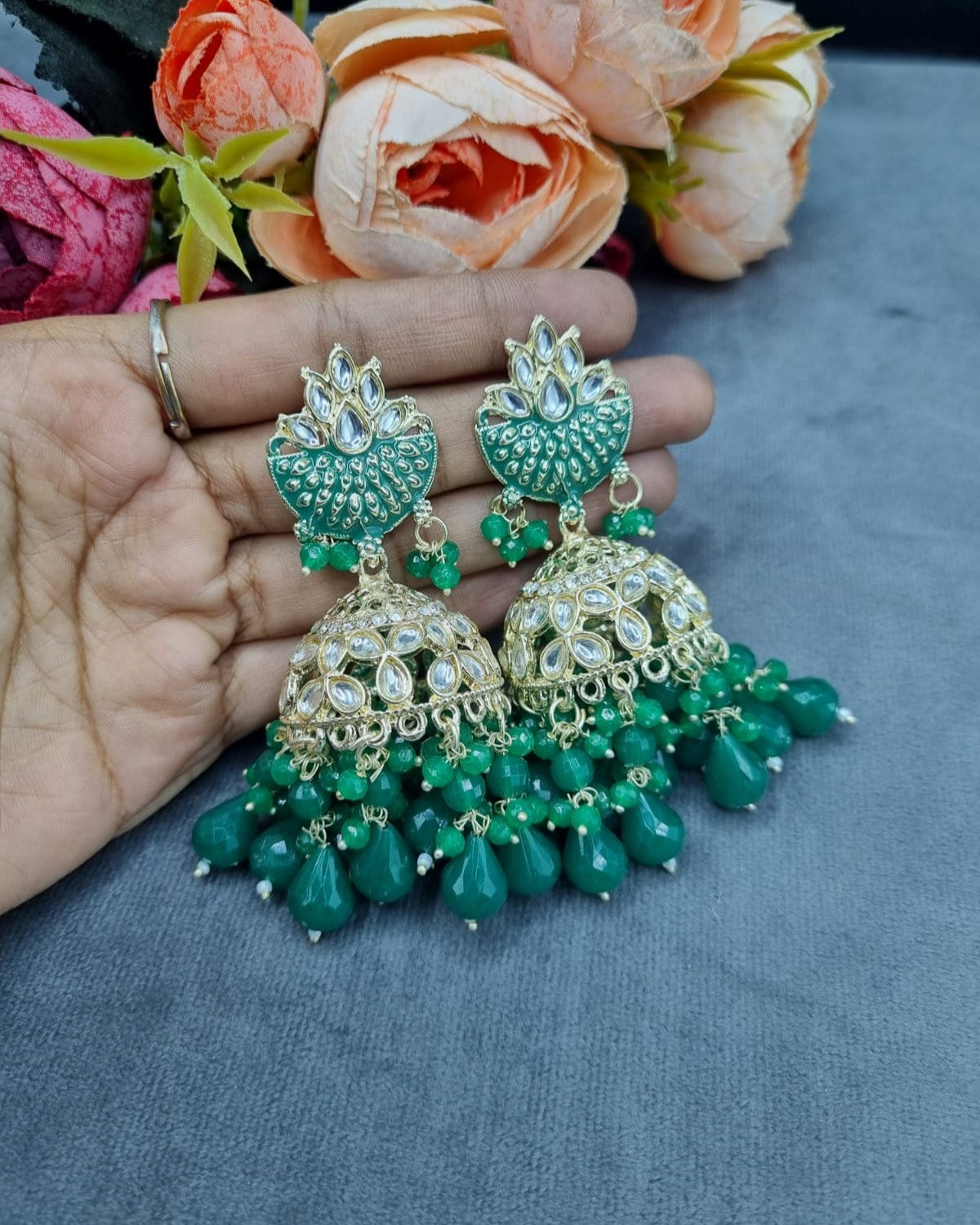 Handcrafted Meenakari Dome Jhumki Earrings with Crystal & Beaded Drop Accents