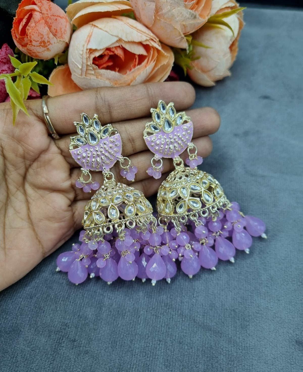 Handcrafted Meenakari Dome Jhumki Earrings with Crystal & Beaded Drop Accents
