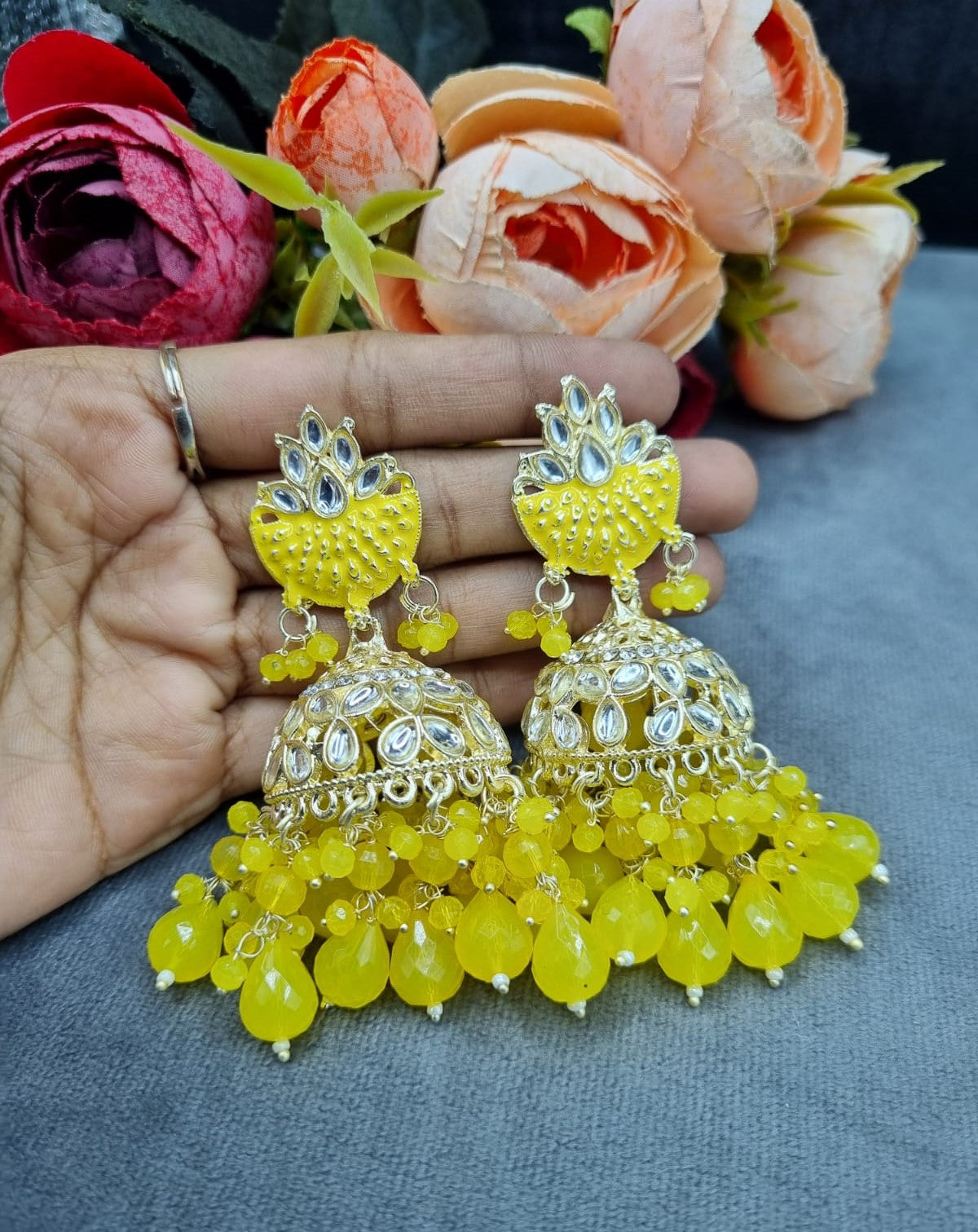 Handcrafted Meenakari Dome Jhumki Earrings with Crystal & Beaded Drop Accents