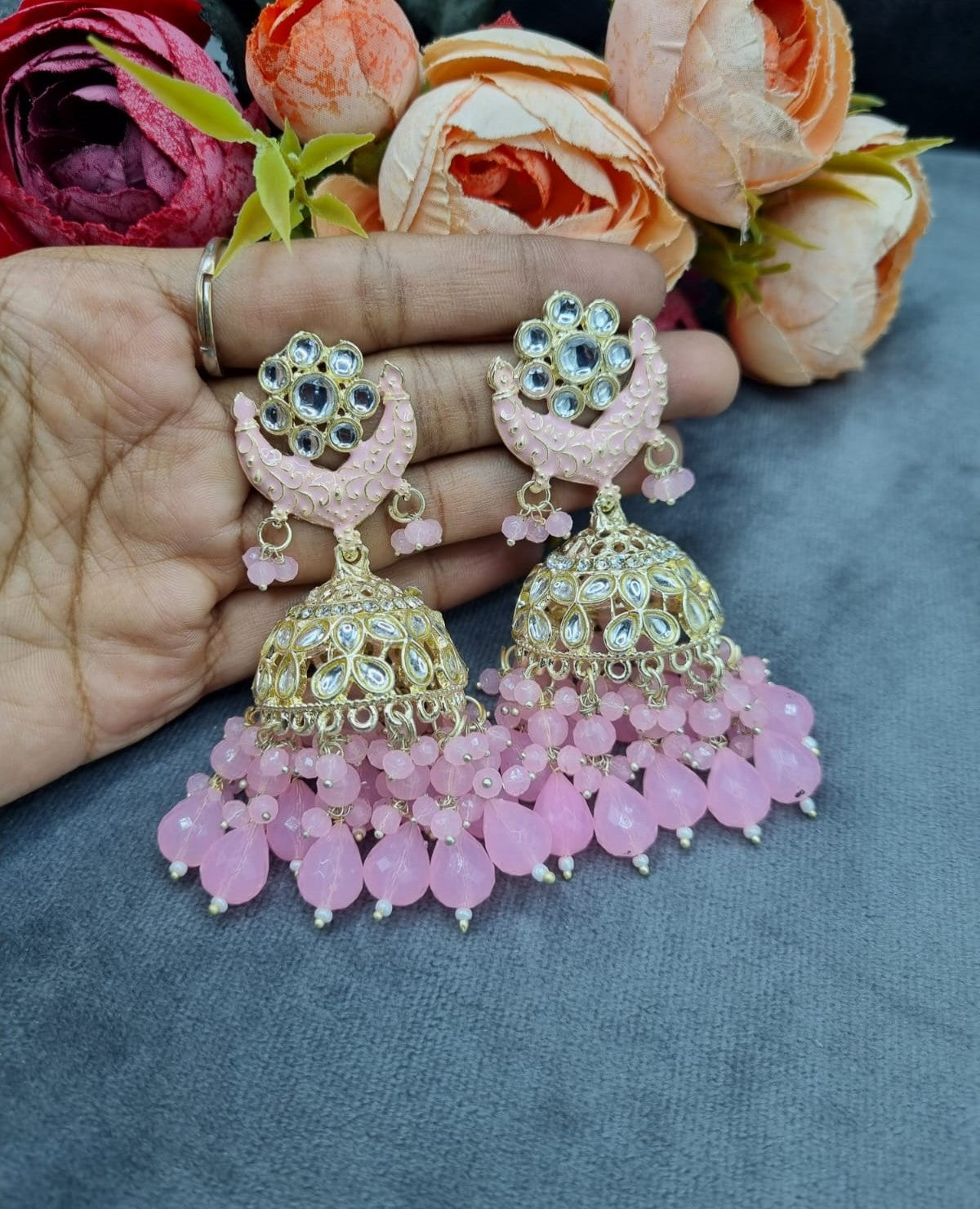 Crescent Enamel Jhumka Earrings with Beaded Drops