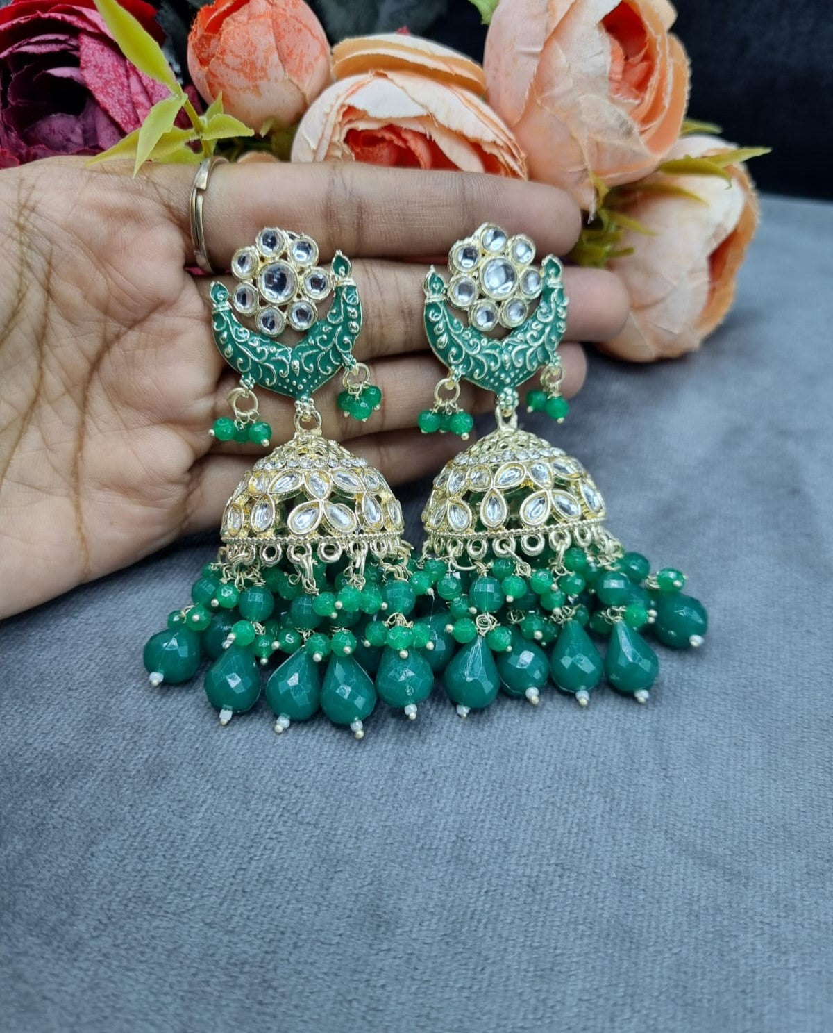 Crescent Enamel Jhumka Earrings with Beaded Drops
