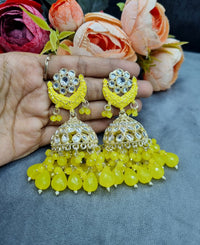 Crescent Enamel Jhumka Earrings with Beaded Drops