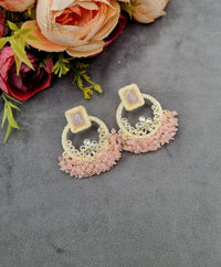 Geometric Floral Chandbali Stud Earrings with Pearl & Cluster Bead Fringe