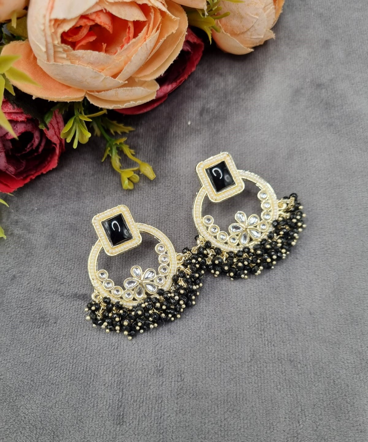 Geometric Floral Chandbali Stud Earrings with Pearl & Cluster Bead Fringe