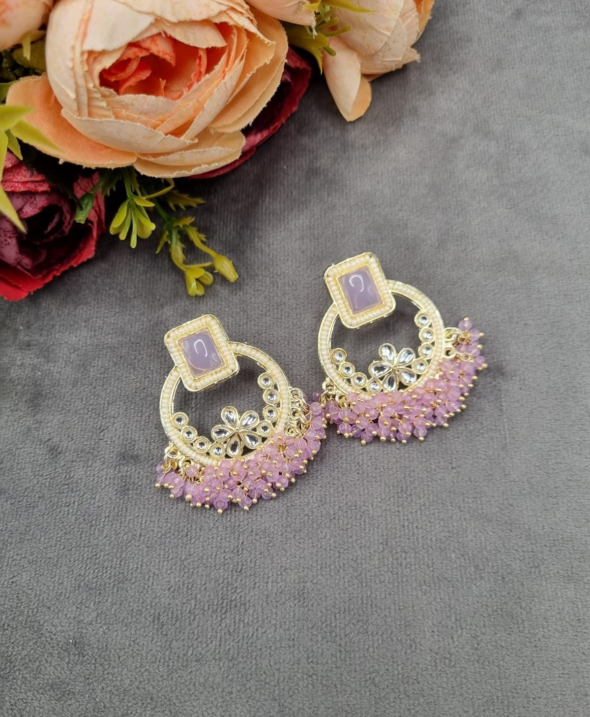 Geometric Floral Chandbali Stud Earrings with Pearl & Cluster Bead Fringe