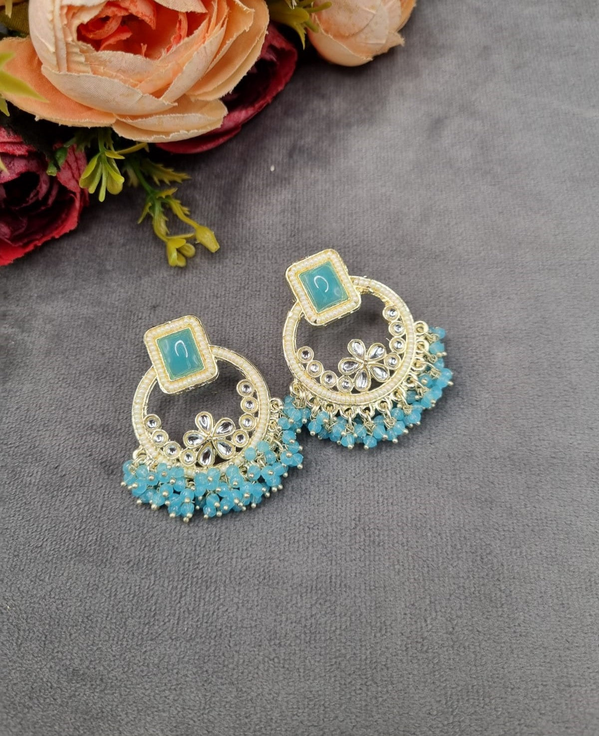 Geometric Floral Chandbali Stud Earrings with Pearl & Cluster Bead Fringe
