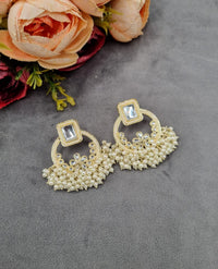 Geometric Floral Chandbali Stud Earrings with Pearl & Cluster Bead Fringe