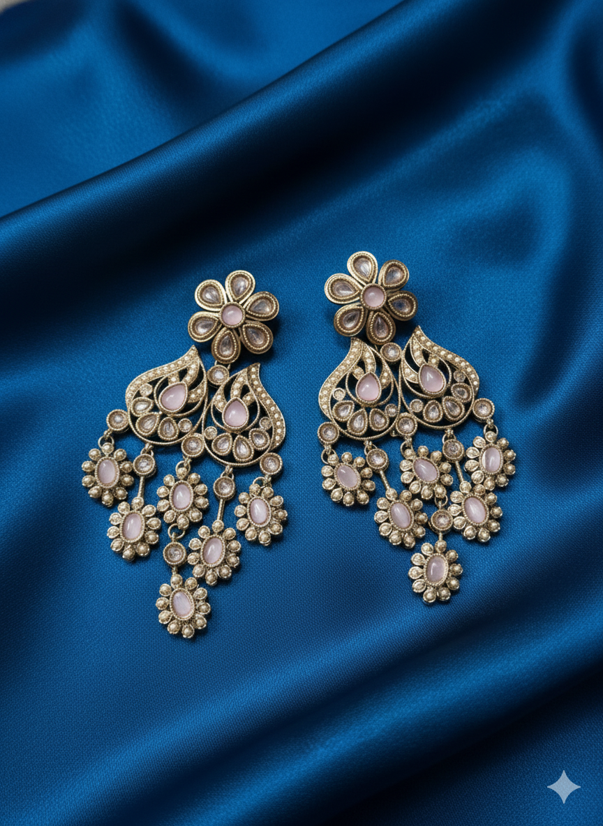 Antique Gold Finish Floral Kundan Chandelier Drops Earrings For Woman