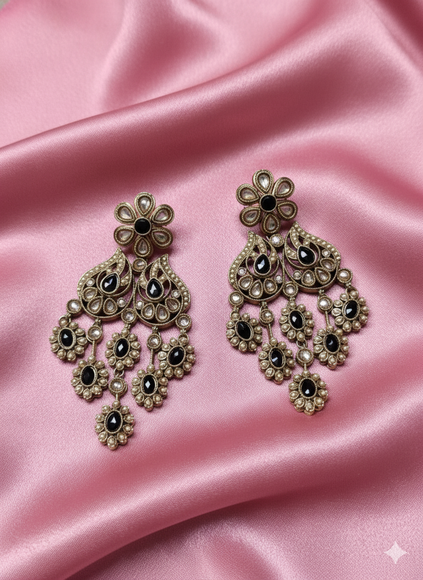 Antique Gold Finish Floral Kundan Chandelier Drops Earrings For Woman