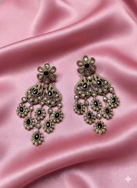 Antique Gold Finish Floral Kundan Chandelier Drops Earrings For Woman