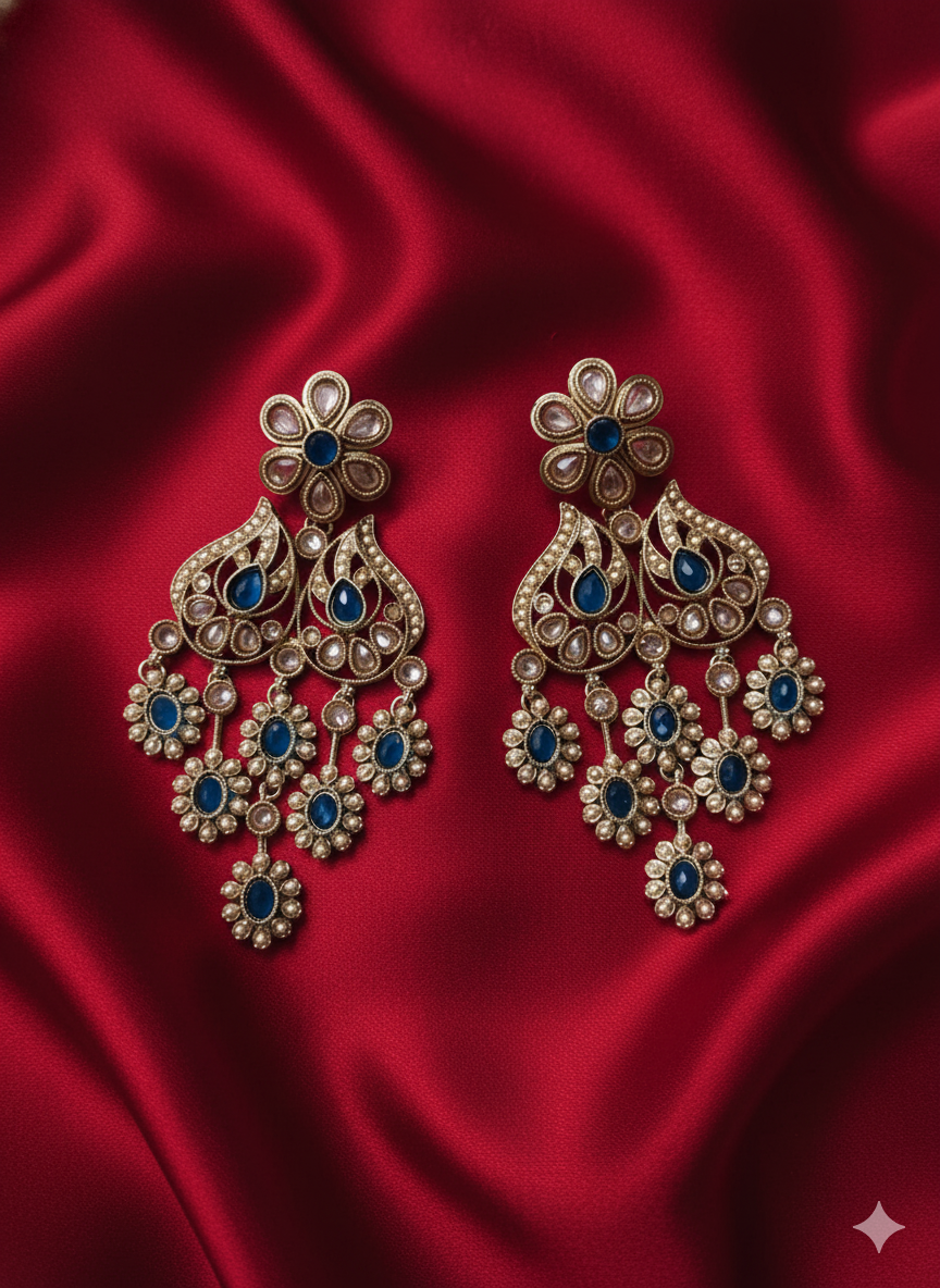 Antique Gold Finish Floral Kundan Chandelier Drops Earrings For Woman