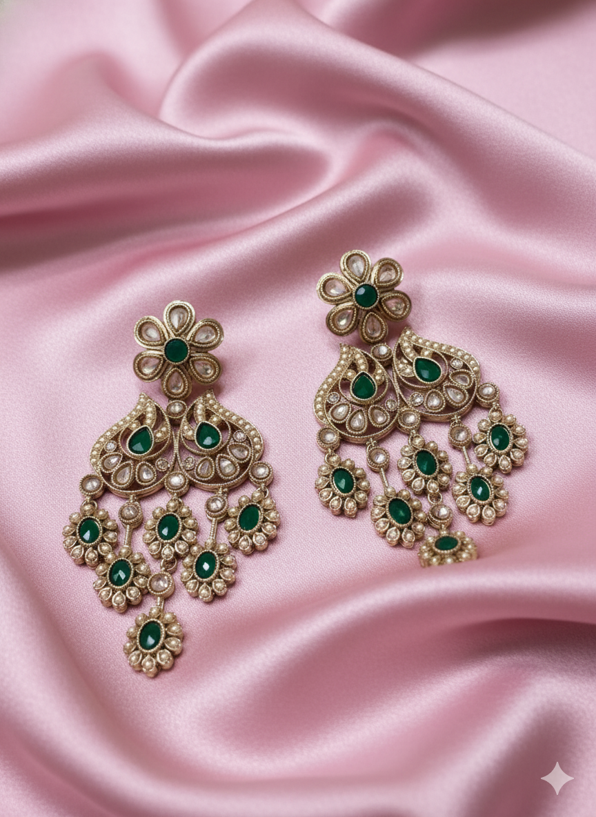 Antique Gold Finish Floral Kundan Chandelier Drops Earrings For Woman