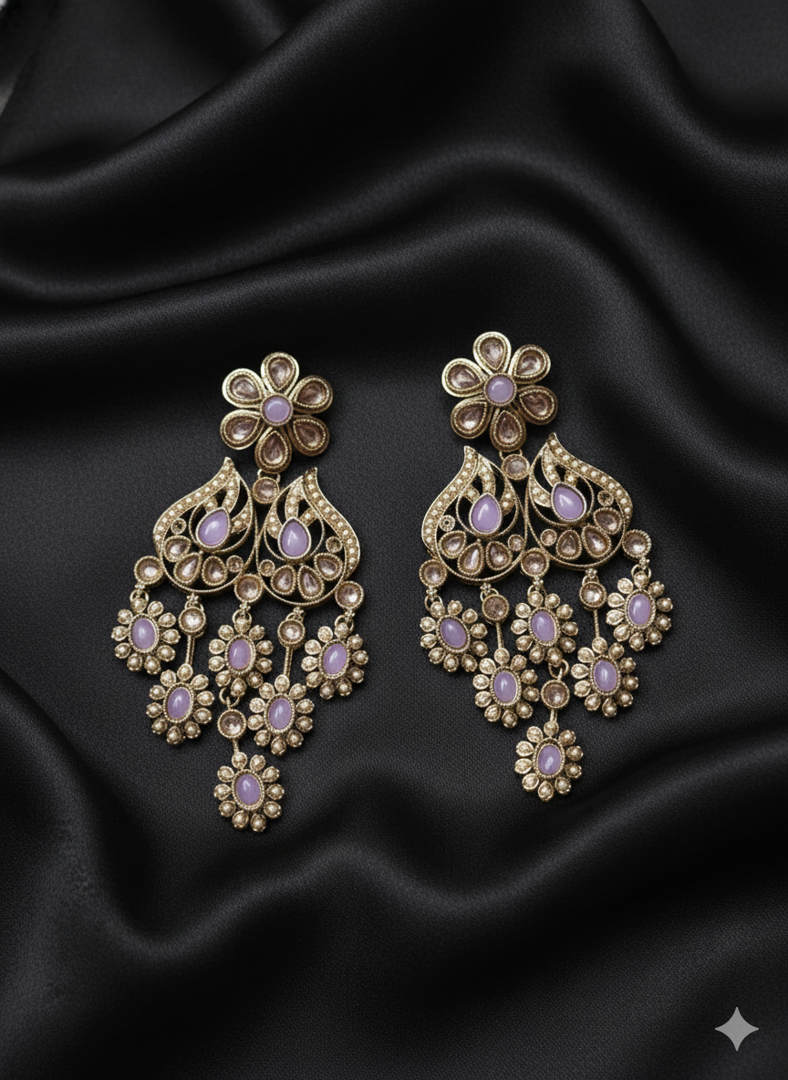 Antique Gold Finish Floral Kundan Chandelier Drops Earrings For Woman