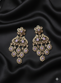 Antique Gold Finish Floral Kundan Chandelier Drops Earrings For Woman