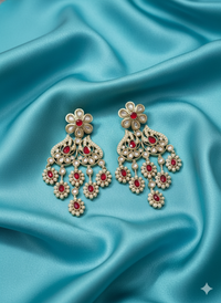 Antique Gold Finish Floral Kundan Chandelier Drops Earrings For Woman