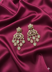 Antique Gold Finish Floral Kundan Chandelier Drops Earrings For Woman