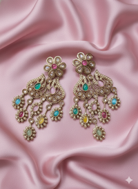 Antique Gold Finish Floral Kundan Chandelier Drops Earrings For Woman