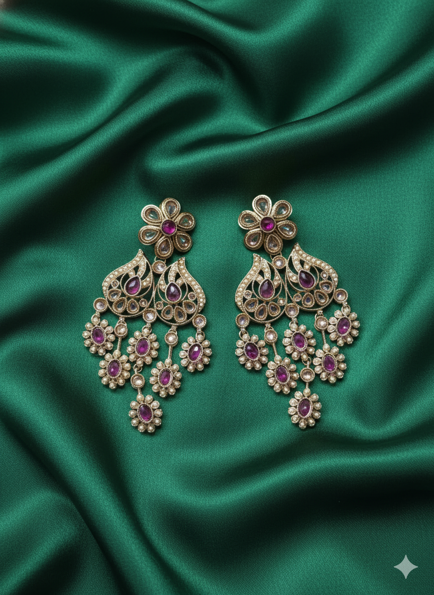 Antique Gold Finish Floral Kundan Chandelier Drops Earrings For Woman