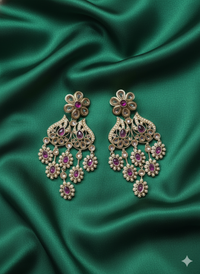 Antique Gold Finish Floral Kundan Chandelier Drops Earrings For Woman