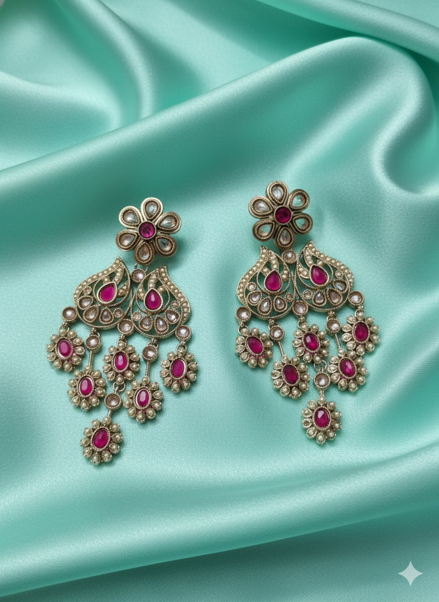 Antique Gold Finish Floral Kundan Chandelier Drops Earrings For Woman