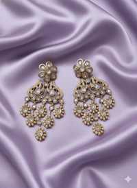 Antique Gold Finish Floral Kundan Chandelier Drops Earrings For Woman