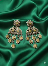 Antique Gold Finish Floral Kundan Chandelier Drops Earrings For Woman