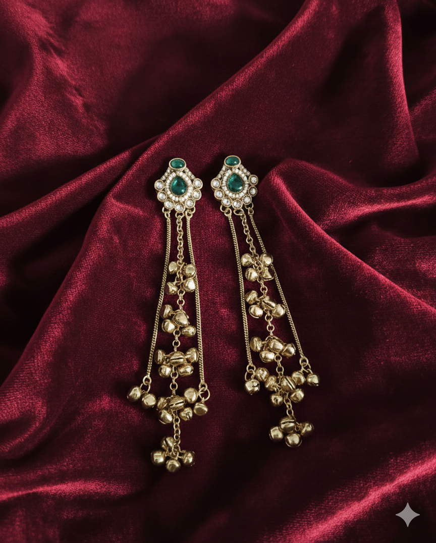 Antique Gold Kashmiri Ghungroo With Long Chain Drop Earrings For Woman & Girls