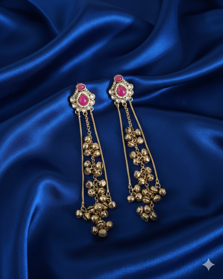 Antique Gold Kashmiri Ghungroo With Long Chain Drop Earrings For Woman & Girls