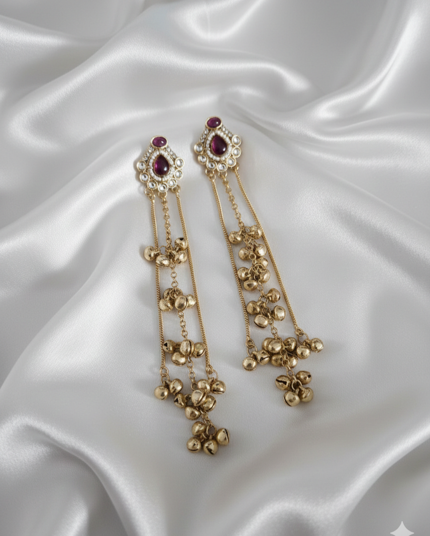 Antique Gold Kashmiri Ghungroo With Long Chain Drop Earrings For Woman & Girls