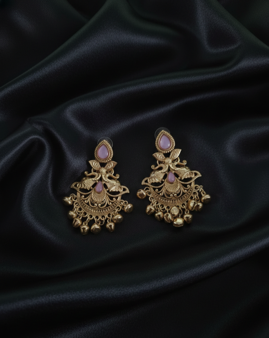 Kashmiri Antique Gold Earrings Ghungroo Drops For Woman & Girls