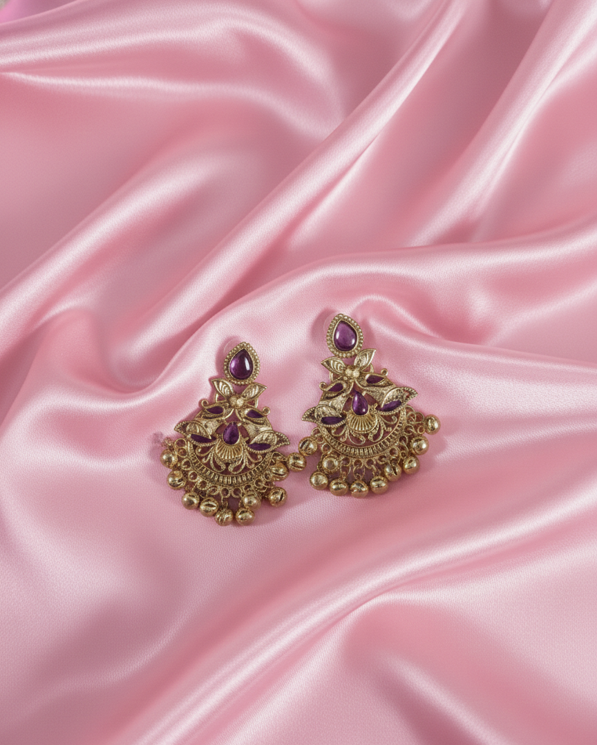 Kashmiri Antique Gold Earrings Ghungroo Drops For Woman & Girls