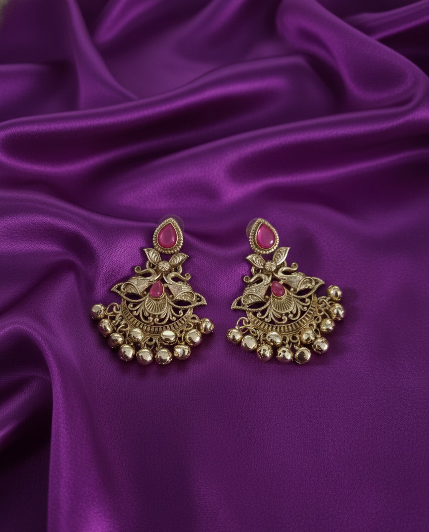 Kashmiri Antique Gold Earrings Ghungroo Drops For Woman & Girls