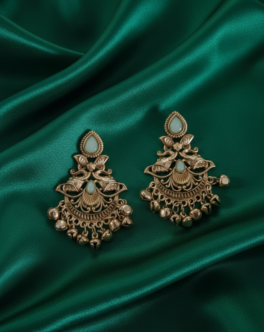 Kashmiri Antique Gold Earrings Ghungroo Drops For Woman & Girls