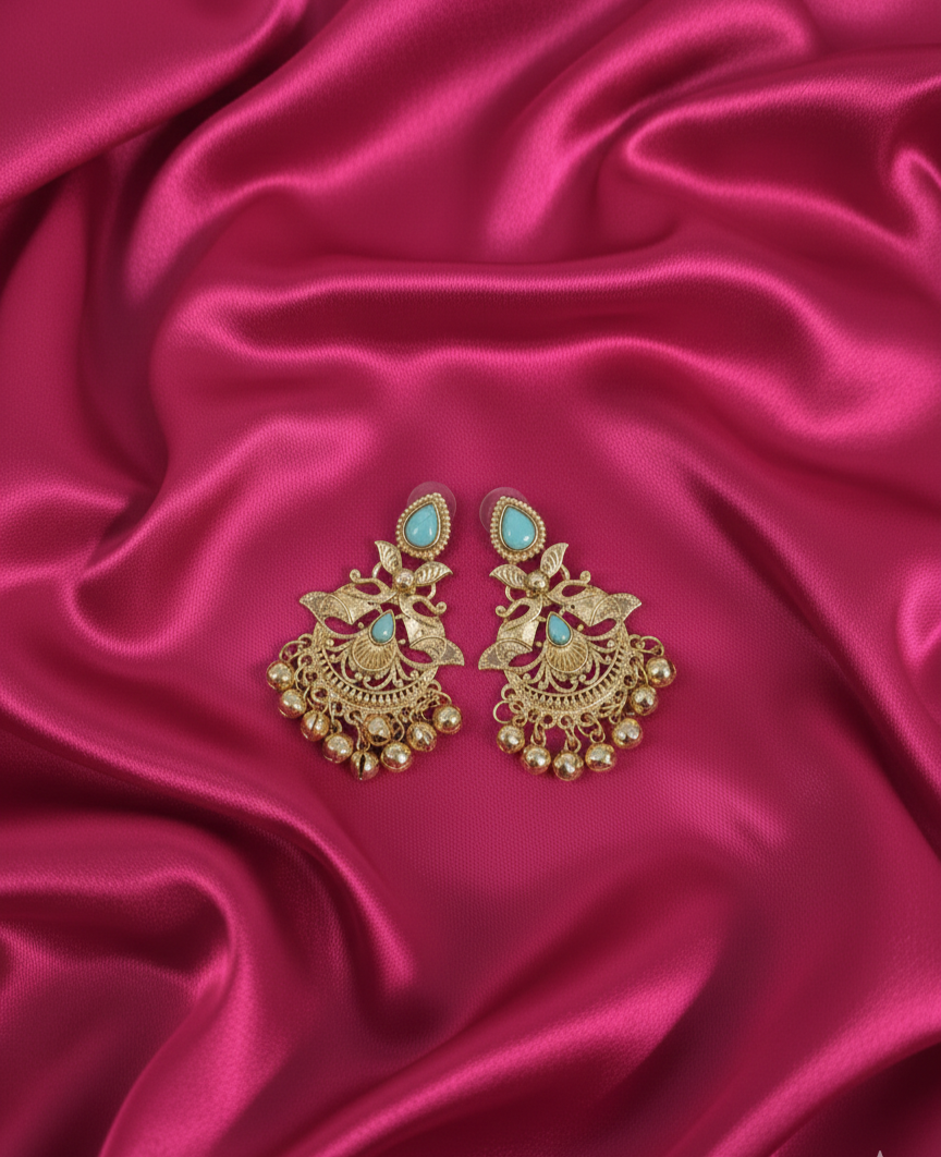 Kashmiri Antique Gold Earrings Ghungroo Drops For Woman & Girls