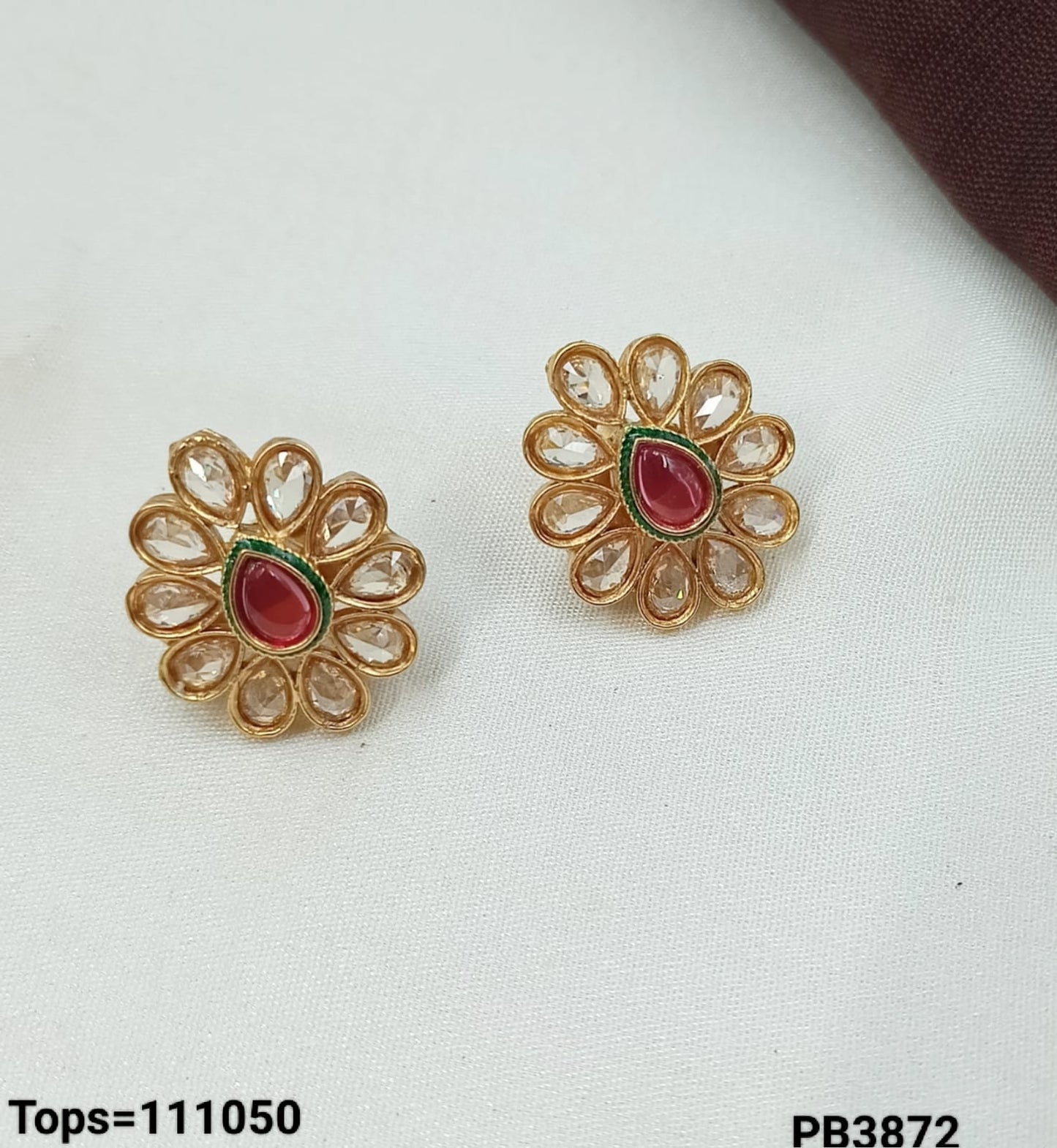 Floral Kundan Stud Earrings – Gold-Plated Tops with Red & White Stones