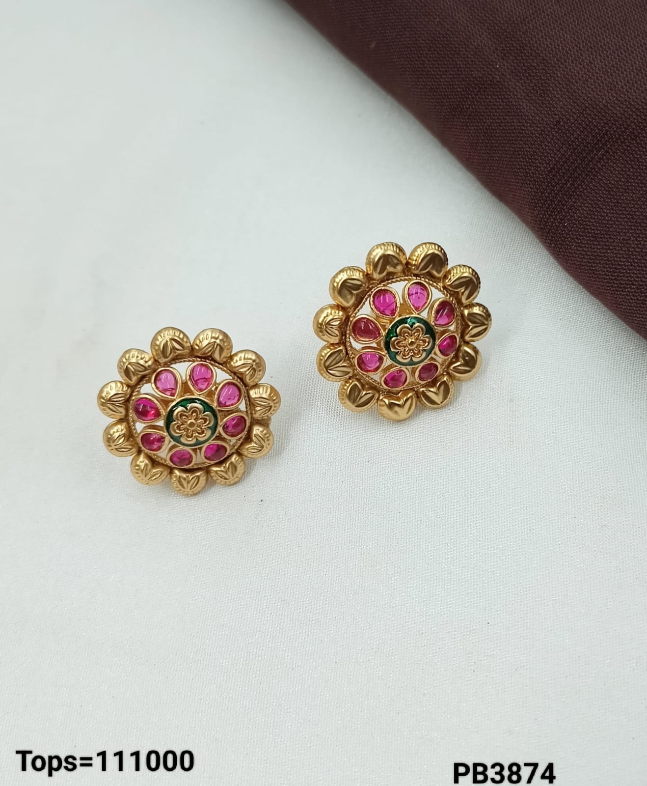 Floral Gold-Plated Stud Earrings – Pink Stone Tops with Green Enamel Center