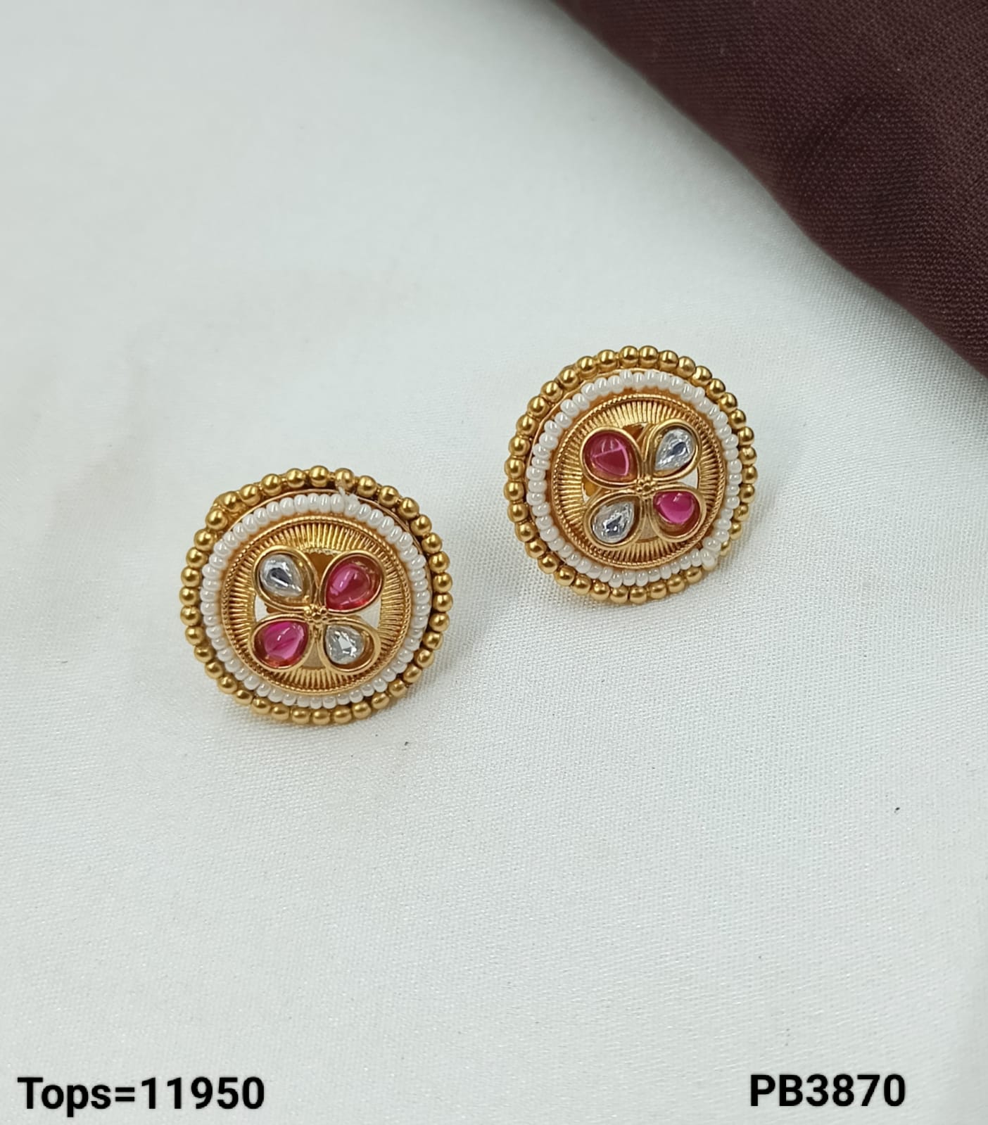 Elegant Round Gold-Plated Stud Earrings with Pearl Beading and Red/White Stones