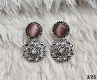 Oxidised Floral Drop Earrings with Stone Stud – Antique Silver Finish