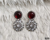 Oxidised Floral Drop Earrings with Stone Stud – Antique Silver Finish