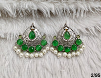 Oxidised Chandbali Earrings with Stone and Pearl Detailing – Antique Finish