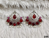 Oxidised Chandbali Earrings with Stone and Pearl Detailing – Antique Finish