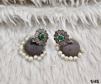 Oxidised Dome Stud Earrings with Floral Top and Pearl Detailing – Antique Finish