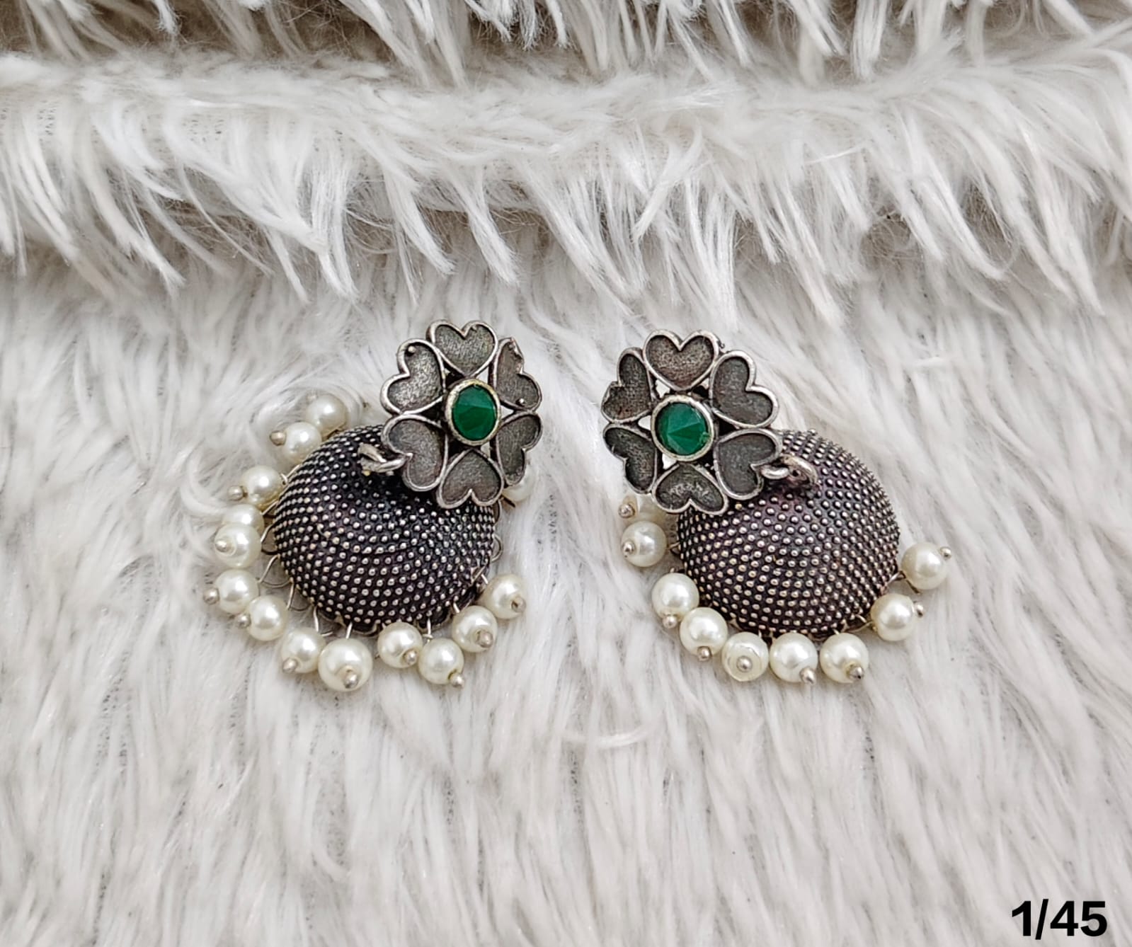 Oxidised Dome Stud Earrings with Floral Top and Pearl Detailing – Antique Finish