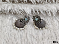 Oxidised Dome Stud Earrings with Floral Top and Pearl Detailing – Antique Finish