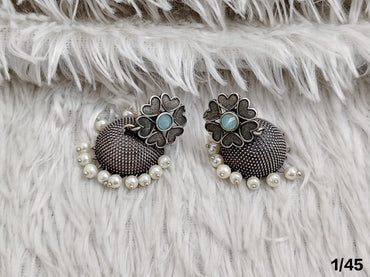 Oxidised Dome Stud Earrings with Floral Top and Pearl Detailing – Antique Finish