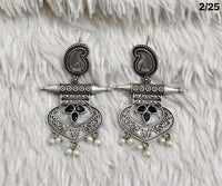 Oxidised Tribal Drop Earrings with Engraved Motif and Pearl Danglers – Antique Finish