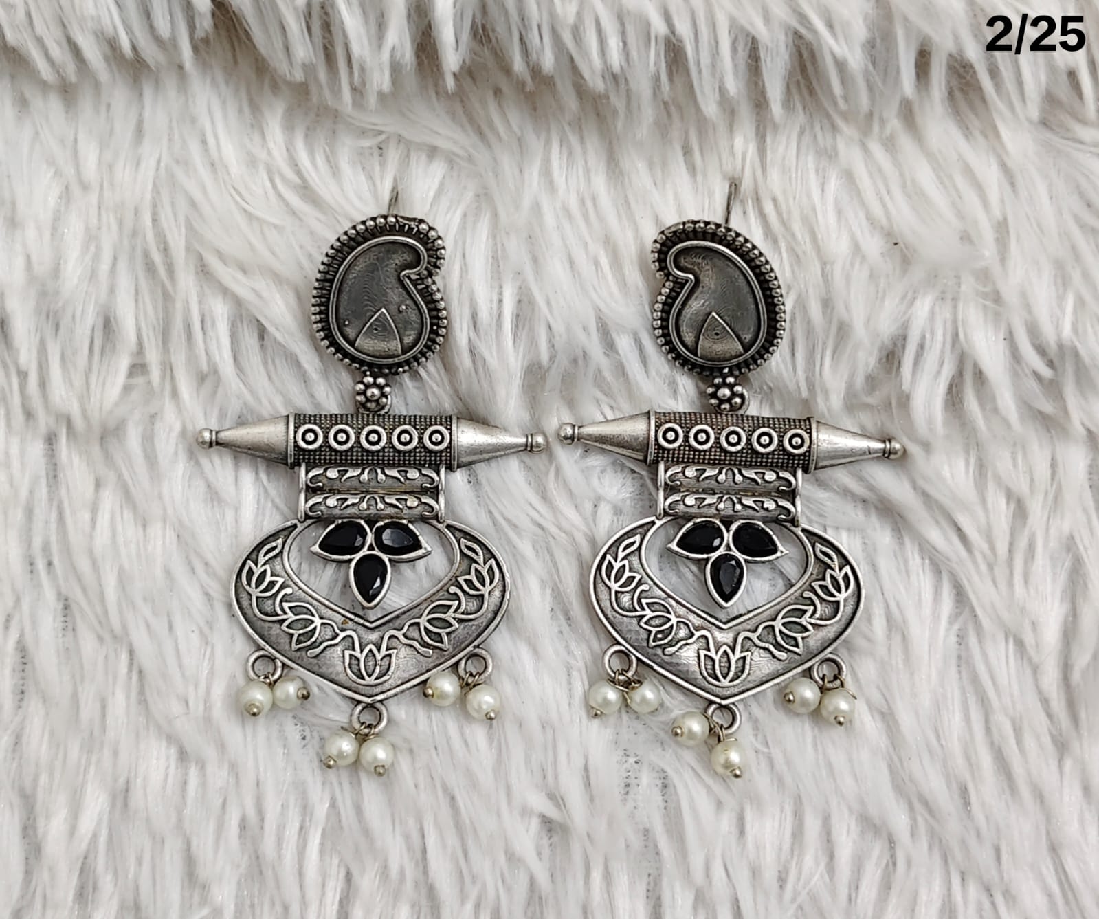 Oxidised Tribal Drop Earrings with Engraved Motif and Pearl Danglers – Antique Finish