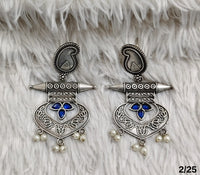 Oxidised Tribal Drop Earrings with Engraved Motif and Pearl Danglers – Antique Finish