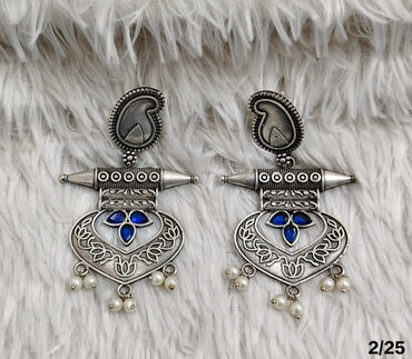 Oxidised Tribal Drop Earrings with Engraved Motif and Pearl Danglers – Antique Finish