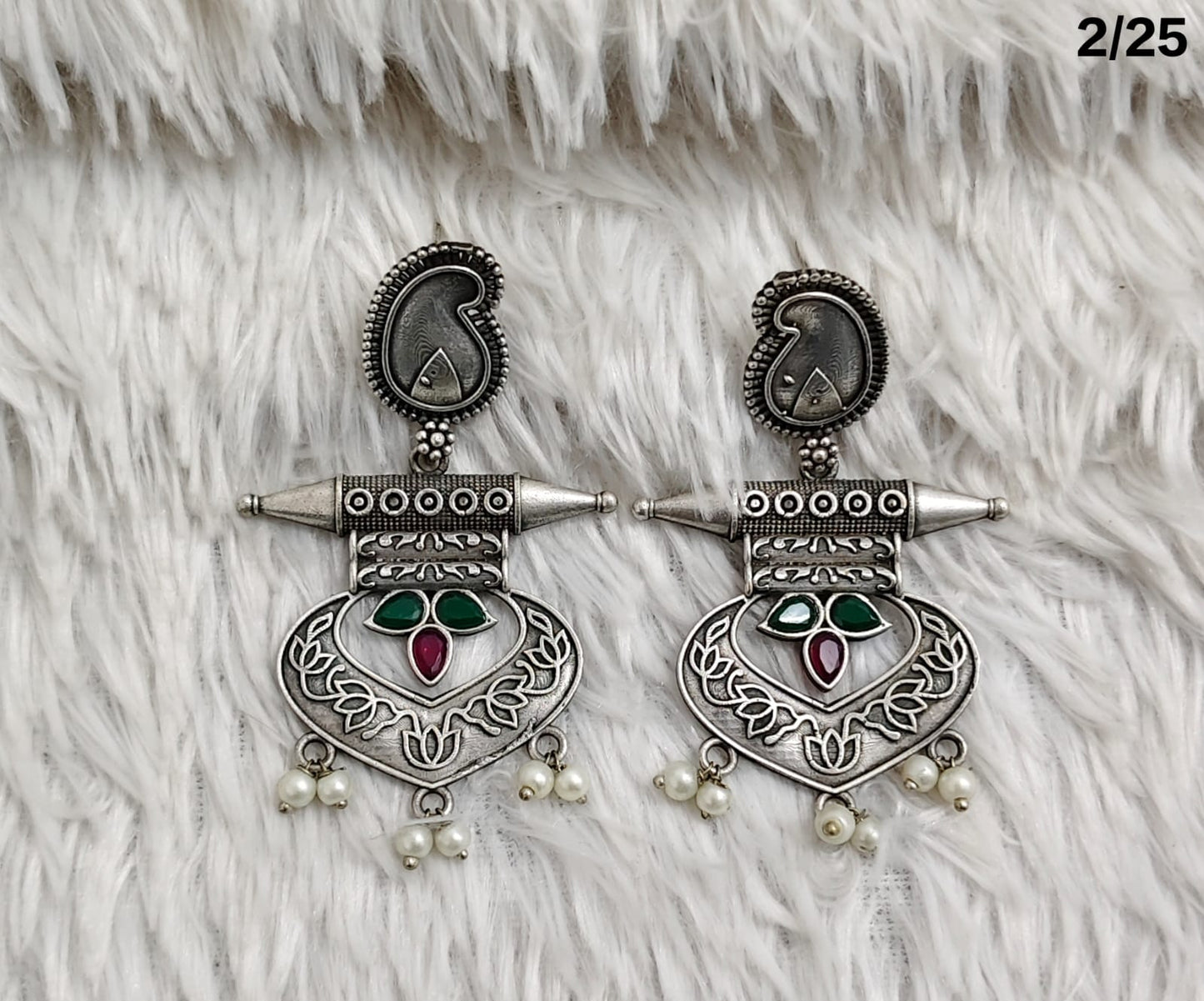 Oxidised Tribal Drop Earrings with Engraved Motif and Pearl Danglers – Antique Finish